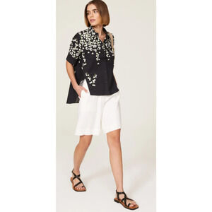 Adam Lippes 6 Floral Trapeze Top Shirt Black Cotton High Low Button Up